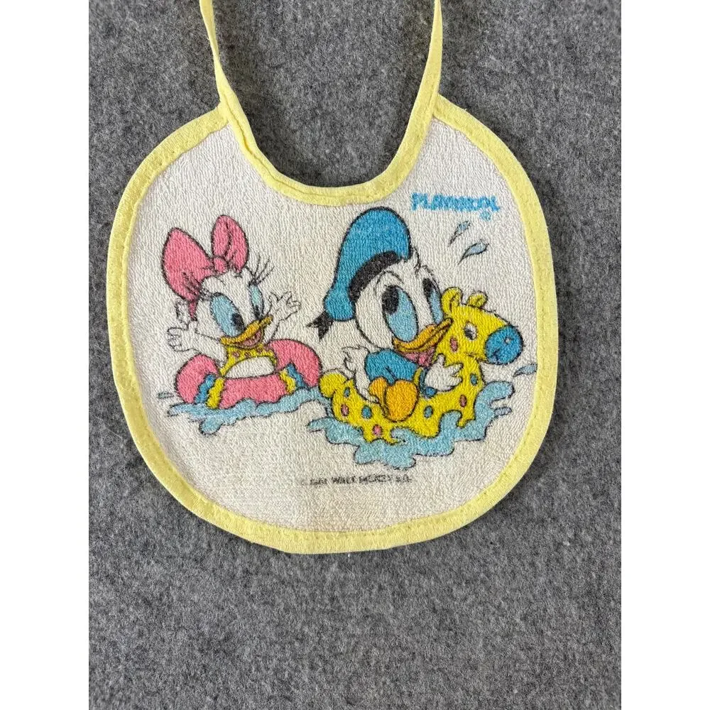 VINTAGE 80s Walt Disney Feeding Bib Baby White Donald Daisy Duck Terry Cloth
